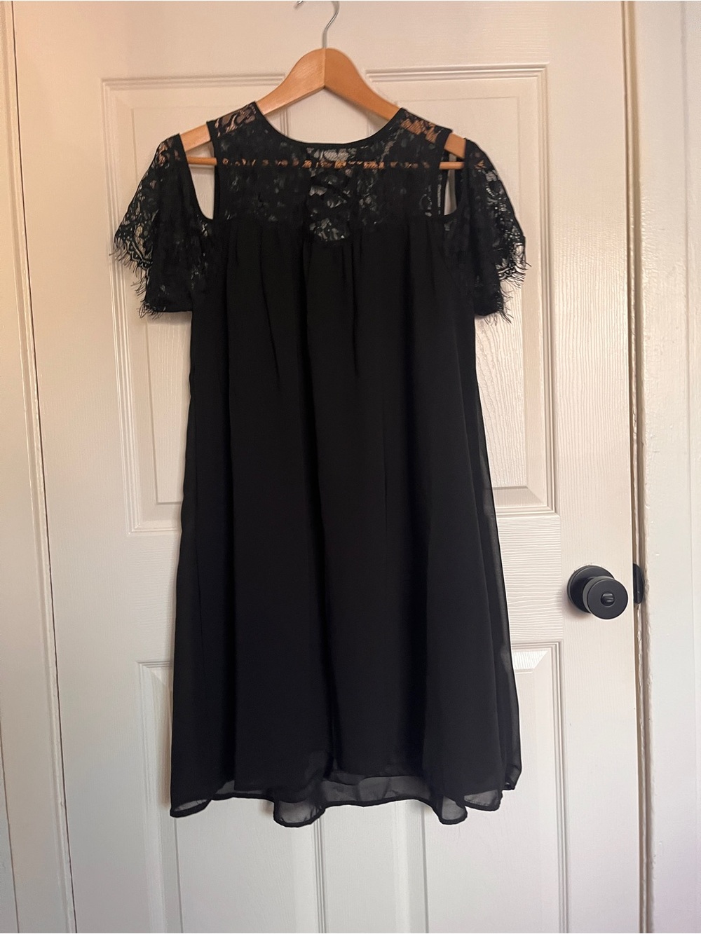 Cold-Shoulder Black Lace Yoke Mini Dress